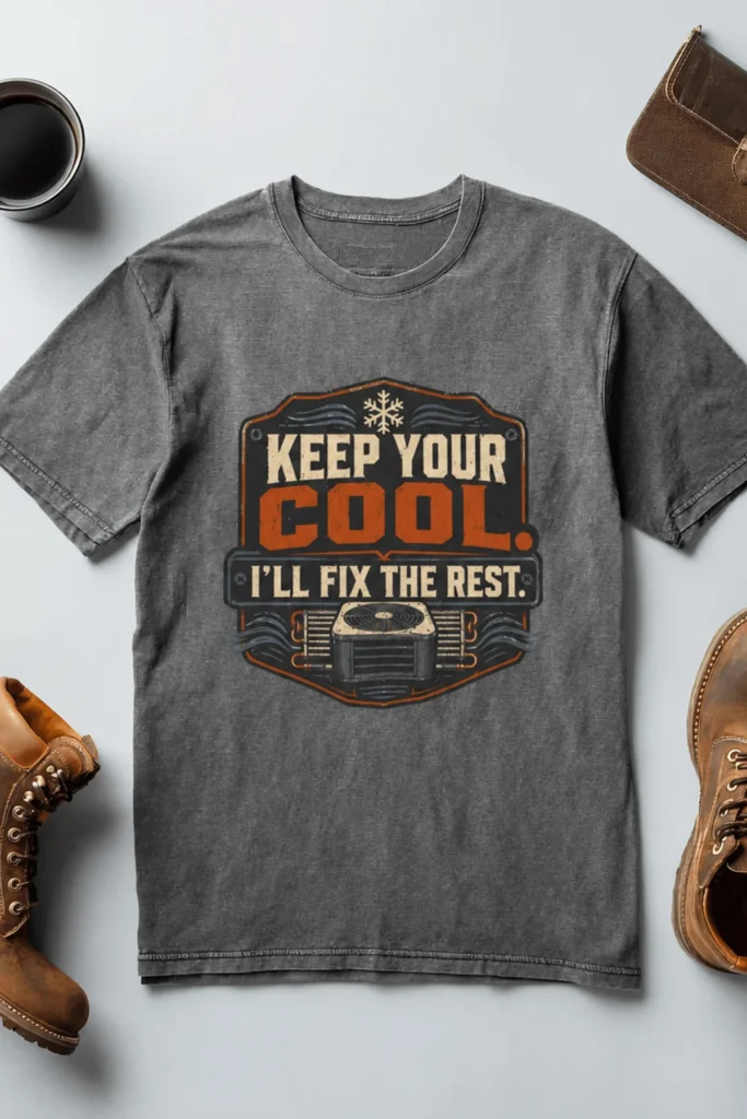 Funny HVAC Tee Shirt "Keep Your Cool. I'll Fix The Rest." T-Shirt – Vintage GraphicTee — deep-heather t-shirt, flat-lay product photo | Pressure Tested Co