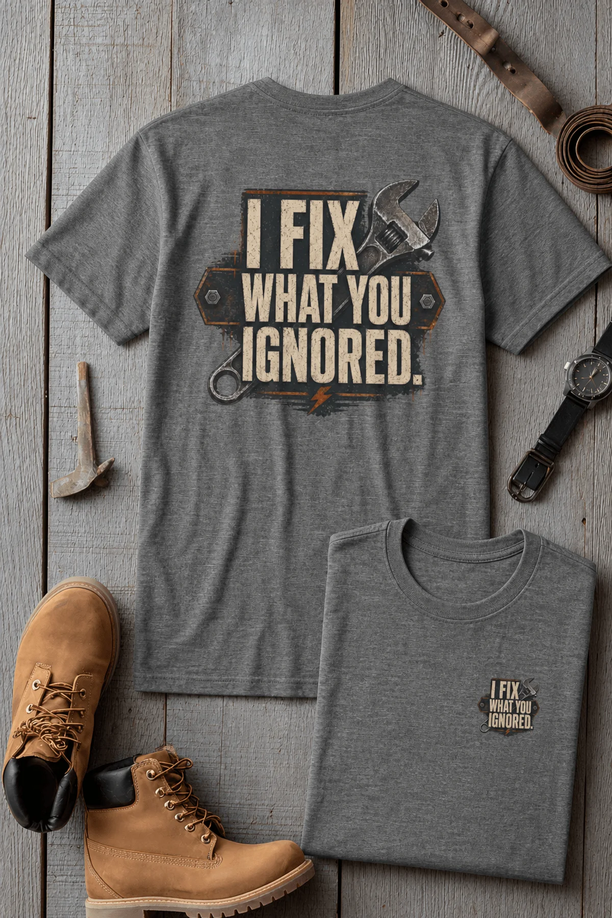 I Fix What You Ignored T-Shirt — Mechanic Wrench Tool Shirt for Technicians & DIYers — deep-heather — Flat-lay I Fix What You Ignored T-Shirt — Mechanic Wrench Tool Shirt for Technicians & DIYers — deep-heather t-shirt, flat-lay product photo | Pressure Tested Co