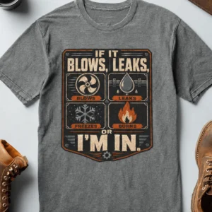 HVAC Technician T‑Shirt — "If It Blows, Leaks, Freezes or Burns I'm In" Retro Tradesmen Tee — deep-heather t-shirt, flat-lay product photo | Pressure Tested Co