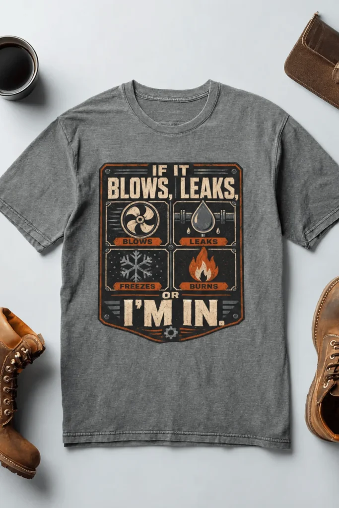 HVAC Technician T‑Shirt — "If It Blows, Leaks, Freezes or Burns I'm In" Retro Tradesmen Tee — deep-heather t-shirt, flat-lay product photo | Pressure Tested Co