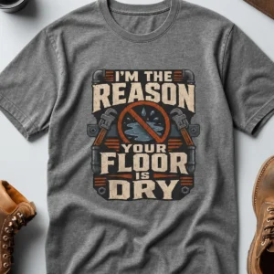 Plumber T‑Shirt – "I'm the Reason Your Floor Is Dry" Vintage Plumbing Tee — deep-heather t-shirt, flat-lay product photo | Pressure Tested Co