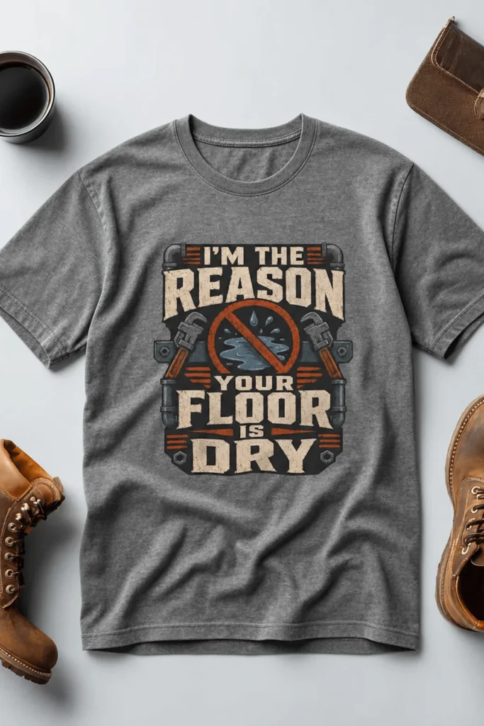 Plumber T‑Shirt – "I'm the Reason Your Floor Is Dry" Vintage Plumbing Tee — deep-heather t-shirt, flat-lay product photo | Pressure Tested Co