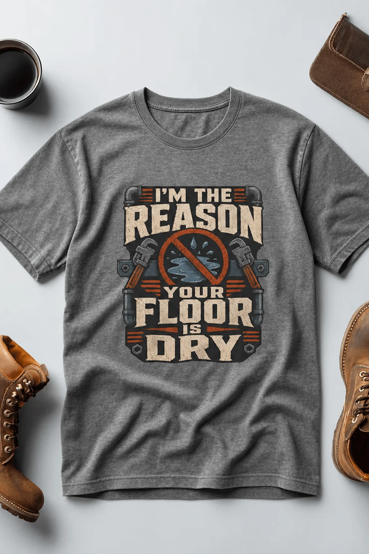 Plumber T‑Shirt – "I'm the Reason Your Floor Is Dry" Vintage Plumbing Tee — deep-heather — Flat-lay Plumber T‑Shirt – "I'm the Reason Your Floor Is Dry" Vintage Plumbing Tee — deep-heather t-shirt, flat-lay product photo | Pressure Tested Co