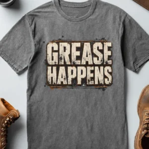 Grease Happens T-Shirt — Funny Mechanic Garage Tee — deep-heather t-shirt, flat-lay product photo | Pressure Tested Co