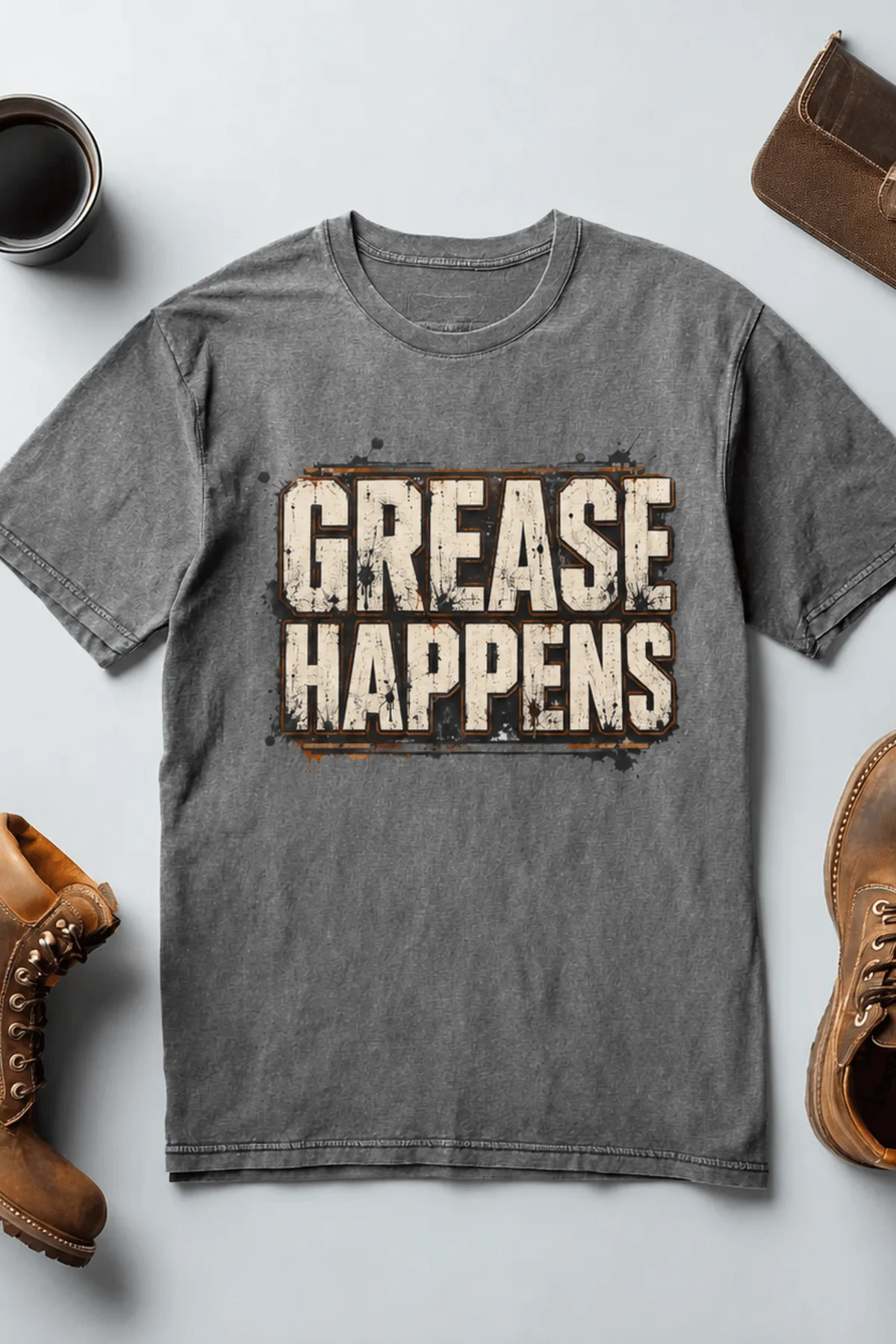 Grease Happens T-Shirt — Funny Mechanic Garage Tee — deep-heather — Flat-lay Grease Happens T-Shirt — Funny Mechanic Garage Tee — deep-heather t-shirt, flat-lay product photo | Pressure Tested Co