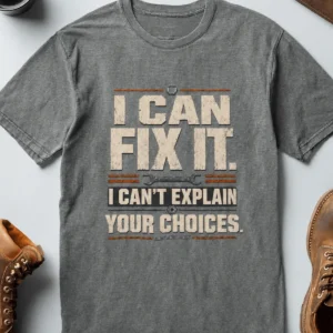Sarcastic Mechanic T‑Shirt – "I Can Fix It. I Can't Explain Your Choices" Vintage Mechanic Shirt - DIY Repair Tee — deep-heather t-shirt, flat-lay product photo | Pressure Tested Co