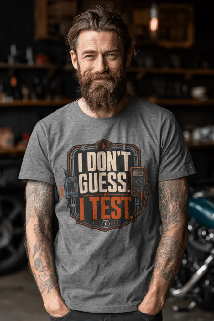 I Don't Guess I Test T-Shirt — Funny Tech Tee for Engineers and Electricians — deep-heather t-shirt, model photo | Pressure Tested Co