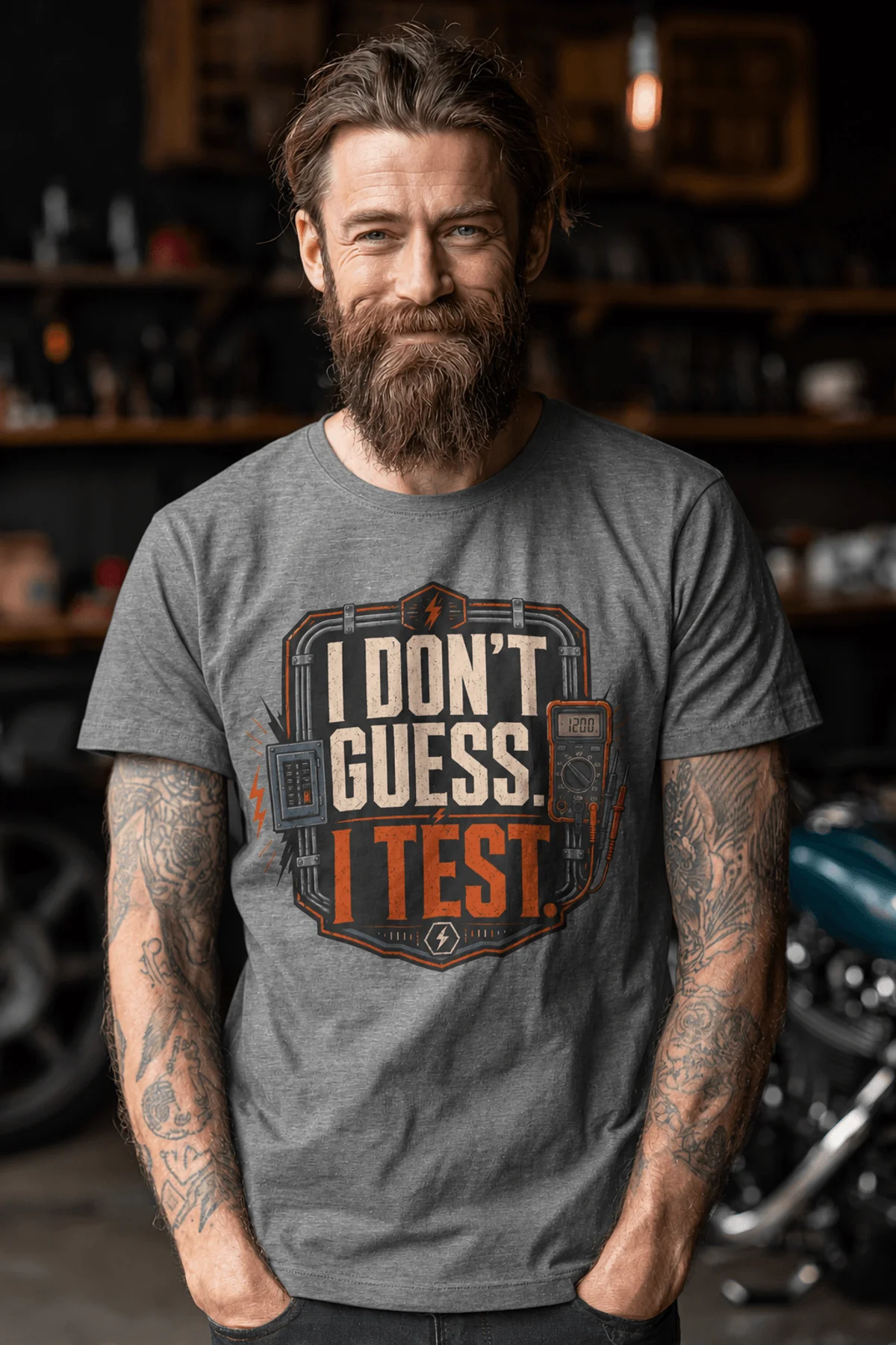 I Don't Guess I Test T-Shirt — Funny Tech Tee for Engineers and Electricians — deep-heather — Model I Don't Guess I Test T-Shirt — Funny Tech Tee for Engineers and Electricians — deep-heather t-shirt, model photo | Pressure Tested Co