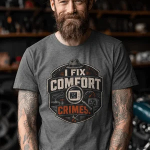 Funny HVAC Tech Tee "I Fix Comfort Crimes" — Furnace and Air Tech Work Tee — deep-heather t-shirt, model photo | Pressure Tested Co