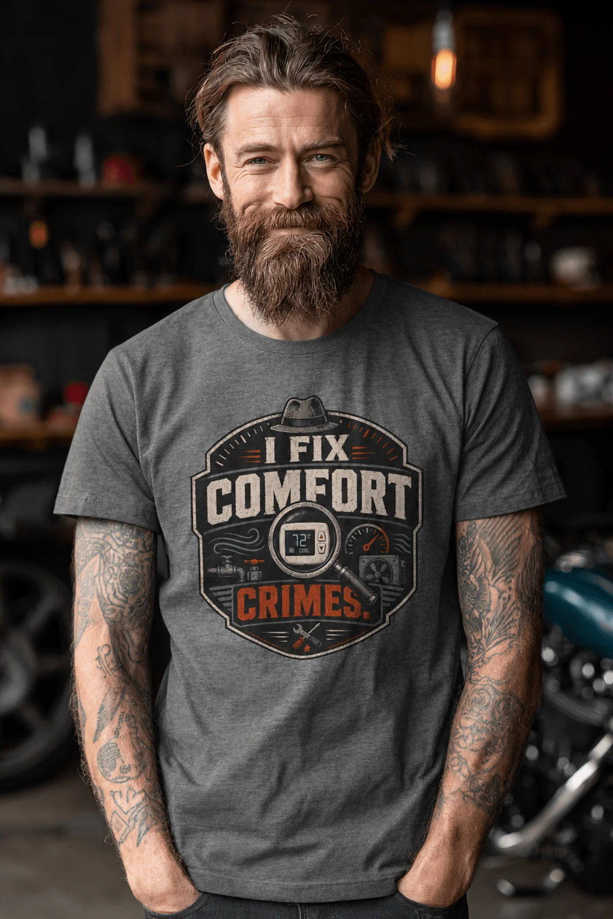 Funny HVAC Tech Tee "I Fix Comfort Crimes" — Furnace and Air Tech Work Tee — deep-heather — Model Funny HVAC Tech Tee "I Fix Comfort Crimes" — Furnace and Air Tech Work Tee — deep-heather t-shirt, model photo | Pressure Tested Co