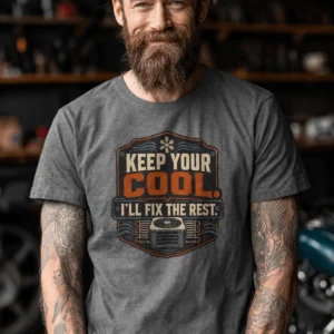 Funny HVAC Tee Shirt "Keep Your Cool. I'll Fix The Rest." T-Shirt – Vintage GraphicTee — deep-heather t-shirt, model photo | Pressure Tested Co