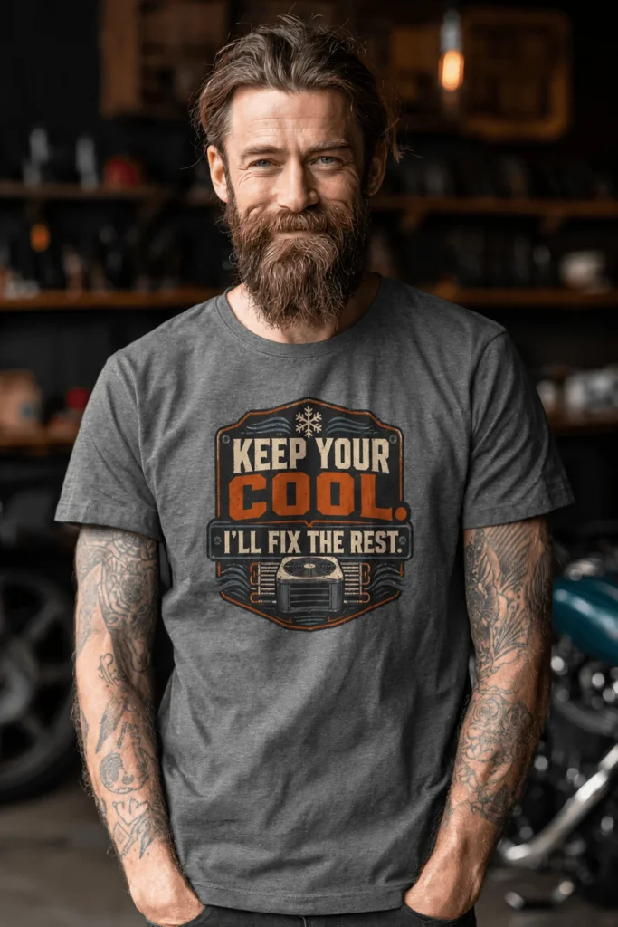 Funny HVAC Tee Shirt "Keep Your Cool. I'll Fix The Rest." T-Shirt – Vintage GraphicTee — deep-heather t-shirt, model photo | Pressure Tested Co