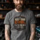 Funny HVAC Tee Shirt "Keep Your Cool. I'll Fix The Rest." T-Shirt – Vintage GraphicTee — deep-heather — Model Funny HVAC Tee Shirt "Keep Your Cool. I'll Fix The Rest." T-Shirt – Vintage GraphicTee — deep-heather t-shirt, model photo | Pressure Tested Co