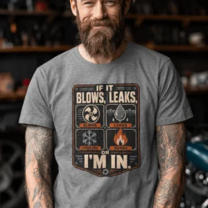 HVAC Technician T‑Shirt — "If It Blows, Leaks, Freezes or Burns I'm In" Retro Tradesmen Tee — deep-heather t-shirt, model photo | Pressure Tested Co