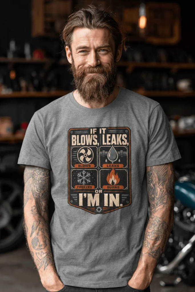 HVAC Technician T‑Shirt — "If It Blows, Leaks, Freezes or Burns I'm In" Retro Tradesmen Tee — deep-heather t-shirt, model photo | Pressure Tested Co