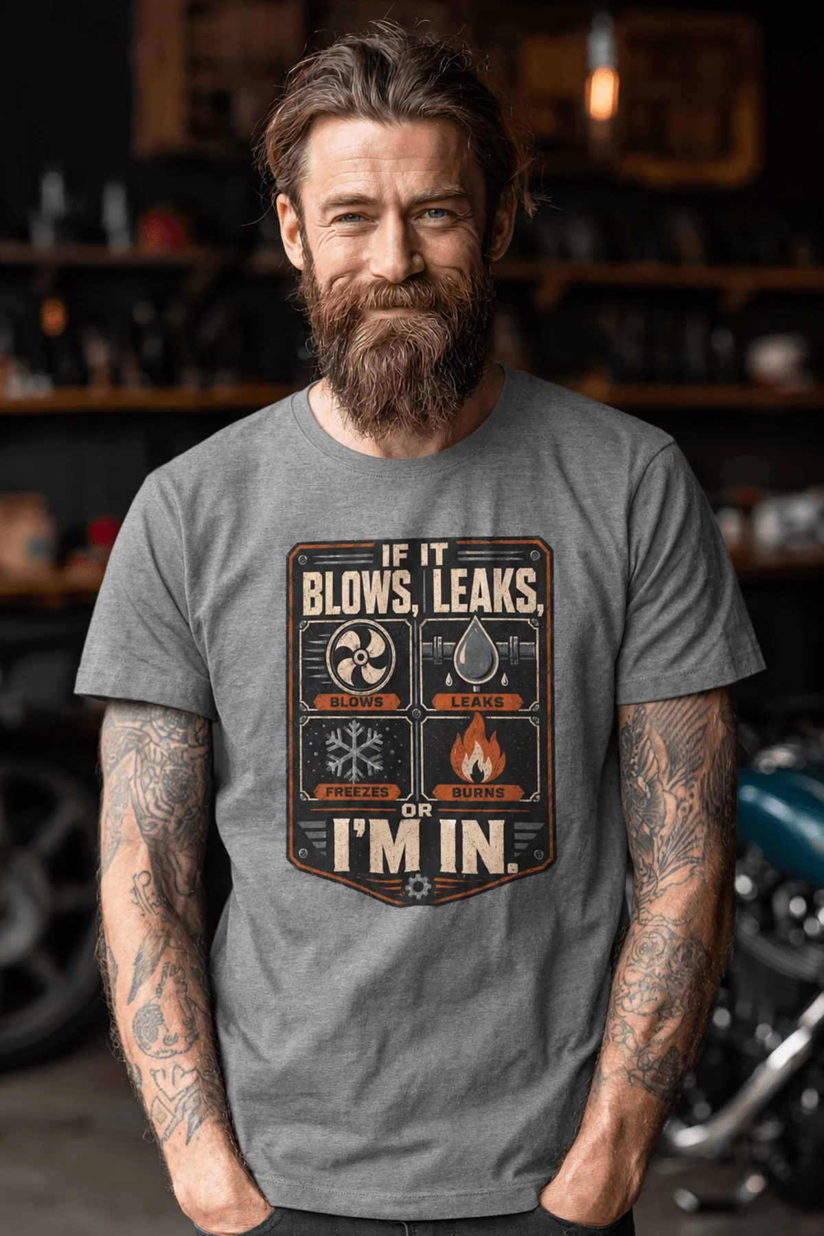 HVAC Technician T‑Shirt — "If It Blows, Leaks, Freezes or Burns I'm In" Retro Tradesmen Tee — deep-heather — Model HVAC Technician T‑Shirt — "If It Blows, Leaks, Freezes or Burns I'm In" Retro Tradesmen Tee — deep-heather t-shirt, model photo | Pressure Tested Co