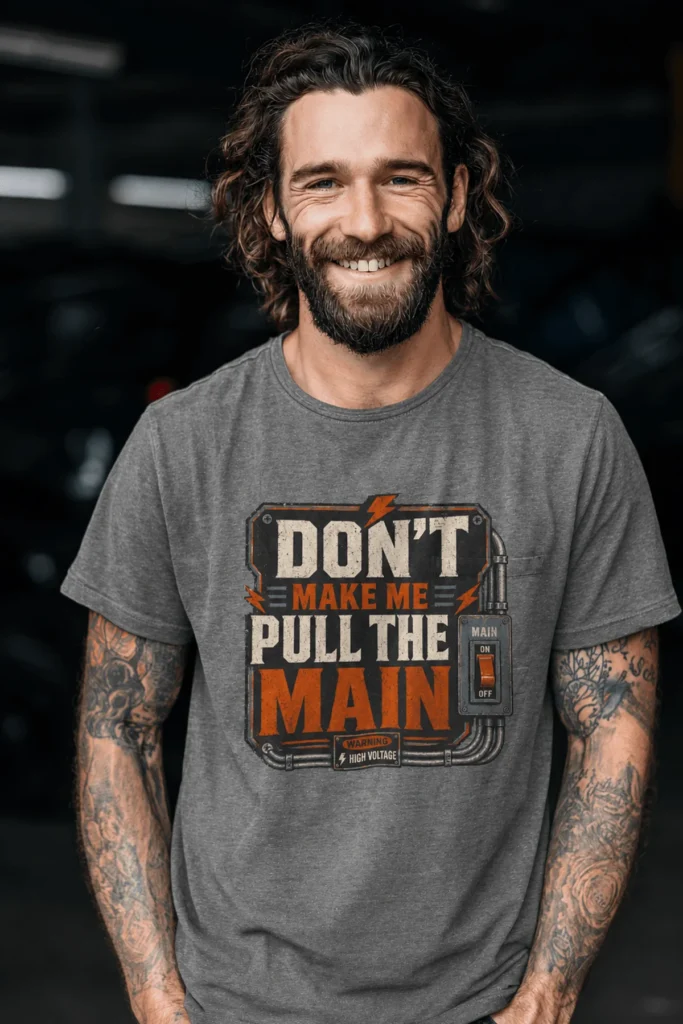 Funny Electrician/Maintenance Crew Tee Shirt "Don't Make Me Pull The Main" T-Shirt – Vintage GraphicTee — deep-heather t-shirt, model photo | Pressure Tested Co