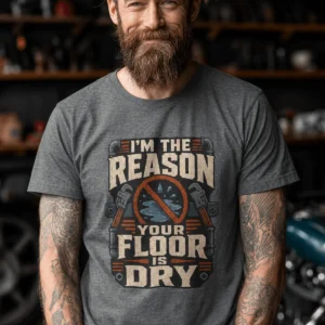 Plumber T‑Shirt – "I'm the Reason Your Floor Is Dry" Vintage Plumbing Tee — deep-heather t-shirt, model photo | Pressure Tested Co