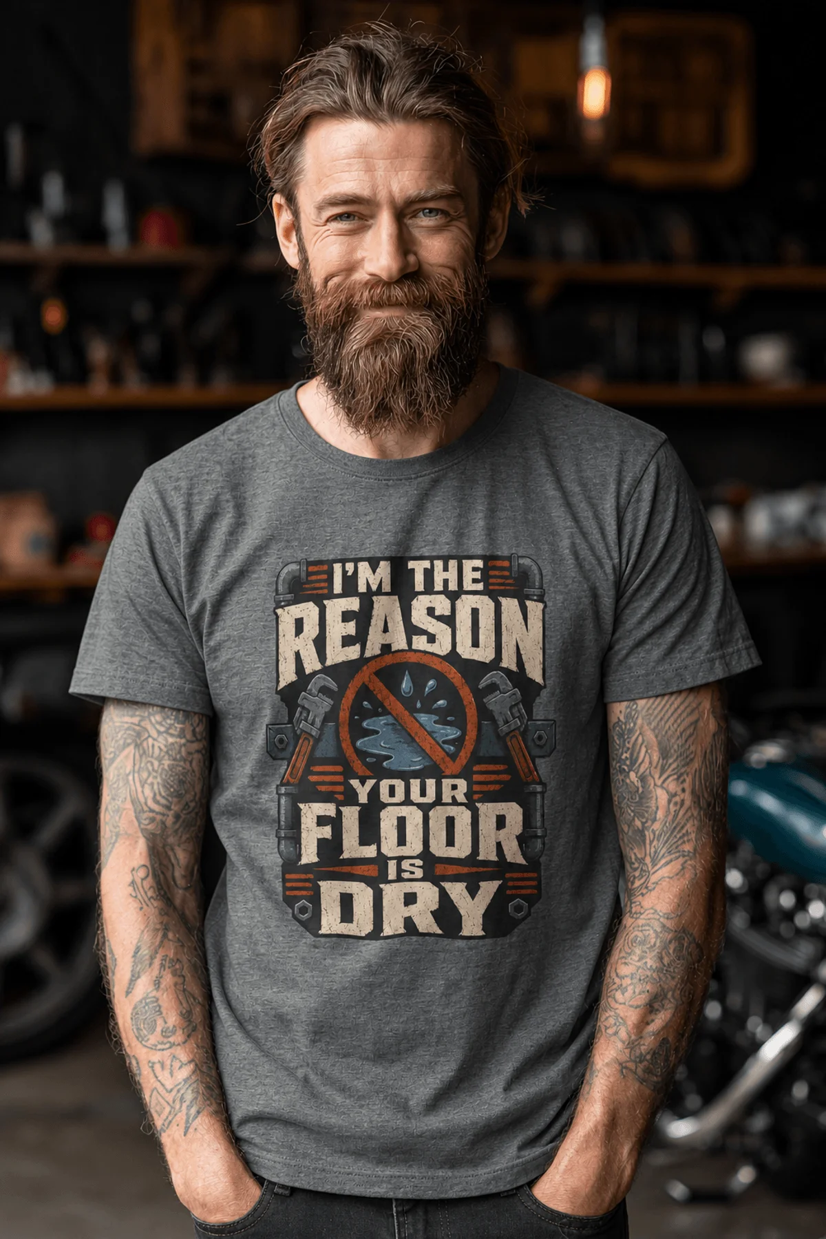 Plumber T‑Shirt – "I'm the Reason Your Floor Is Dry" Vintage Plumbing Tee — deep-heather — Model Plumber T‑Shirt – "I'm the Reason Your Floor Is Dry" Vintage Plumbing Tee — deep-heather t-shirt, model photo | Pressure Tested Co