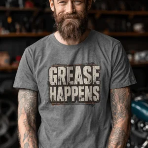Grease Happens T-Shirt — Funny Mechanic Garage Tee — deep-heather t-shirt, model photo | Pressure Tested Co