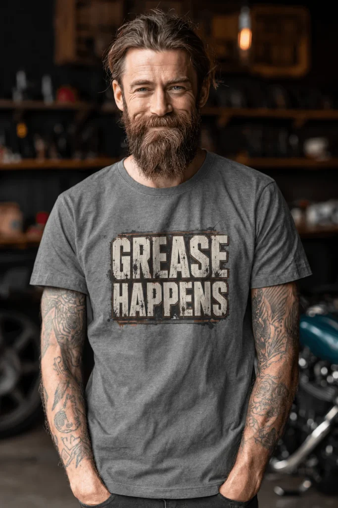 Grease Happens T-Shirt — Funny Mechanic Garage Tee — deep-heather t-shirt, model photo | Pressure Tested Co