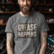 Grease Happens T-Shirt — Funny Mechanic Garage Tee — deep-heather — Model Grease Happens T-Shirt — Funny Mechanic Garage Tee — deep-heather t-shirt, model photo | Pressure Tested Co