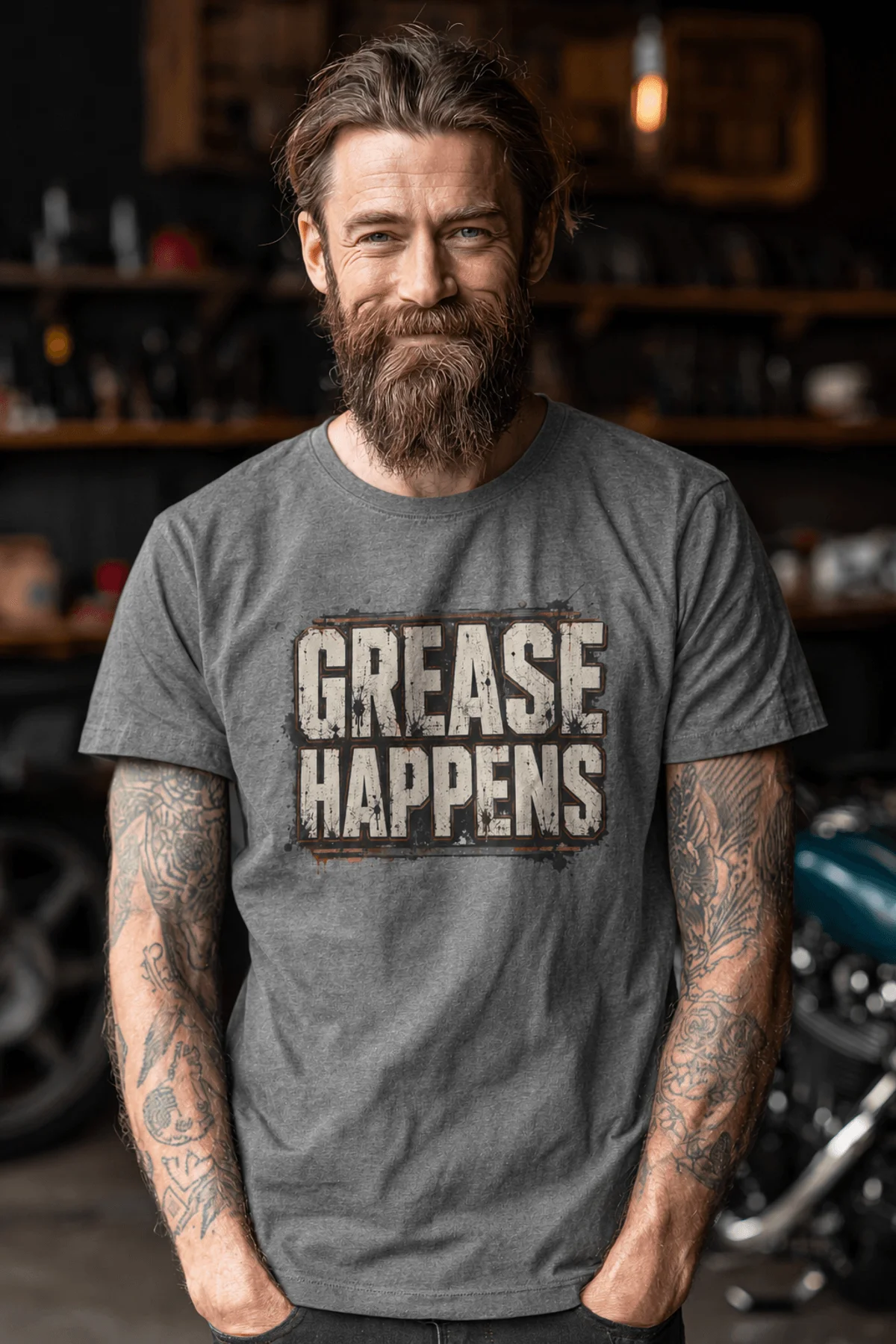 Grease Happens T-Shirt — Funny Mechanic Garage Tee — deep-heather — Model Grease Happens T-Shirt — Funny Mechanic Garage Tee — deep-heather t-shirt, model photo | Pressure Tested Co