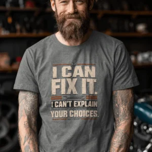 Sarcastic Mechanic T‑Shirt – "I Can Fix It. I Can't Explain Your Choices" Vintage Mechanic Shirt - DIY Repair Tee — deep-heather t-shirt, model photo | Pressure Tested Co