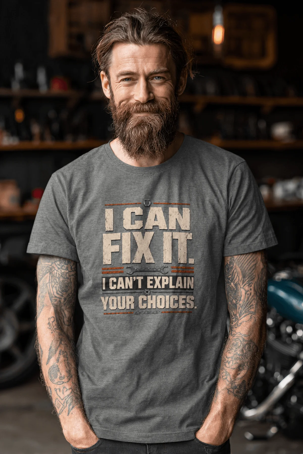 Sarcastic Mechanic T‑Shirt – "I Can Fix It. I Can't Explain Your Choices" Vintage Mechanic Shirt - DIY Repair Tee — deep-heather t-shirt, model photo | Pressure Tested Co