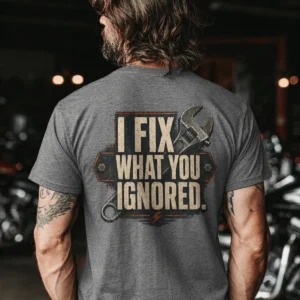I Fix What You Ignored T-Shirt — Mechanic Wrench Tool Shirt for Technicians & DIYers — deep-heather t-shirt, model photo | Pressure Tested Co