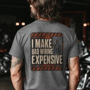 Funny Electrician Tech Tee - Back "I Make Bad Wiring Expensive" — Front "Wired For Success" Vintage Work Tee — deep-heather t-shirt, model photo | Pressure Tested Co