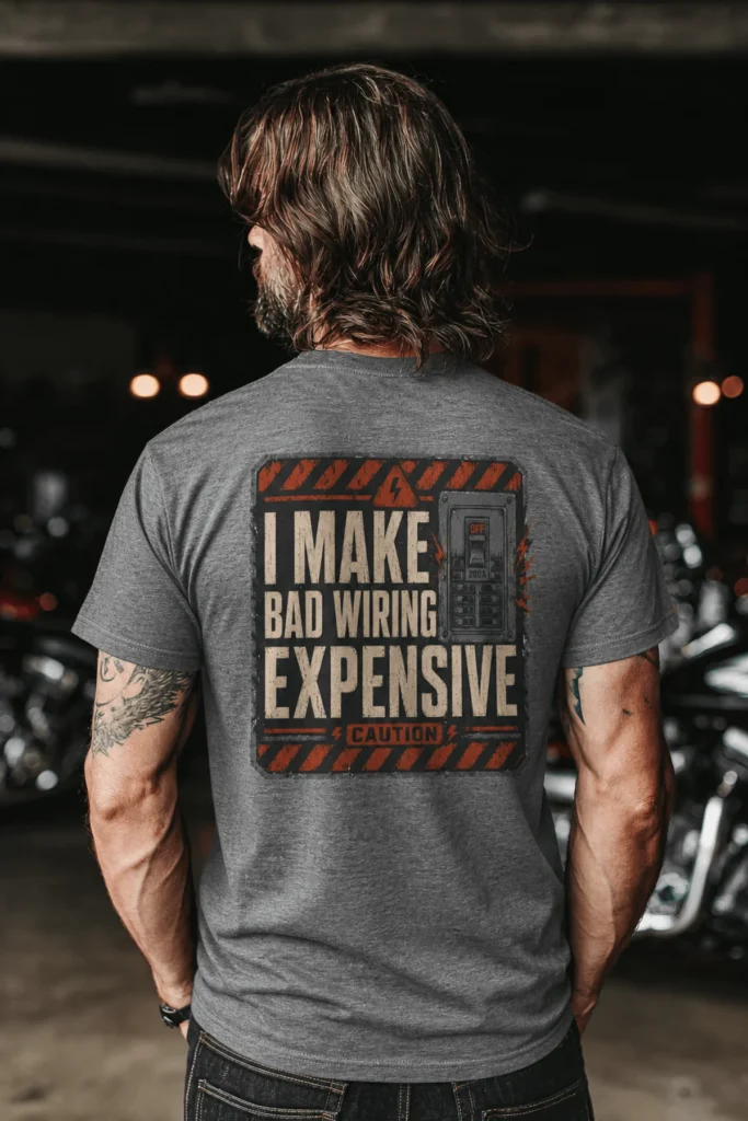 Funny Electrician Tech Tee - Back "I Make Bad Wiring Expensive" — Front "Wired For Success" Vintage Work Tee — deep-heather t-shirt, model photo | Pressure Tested Co