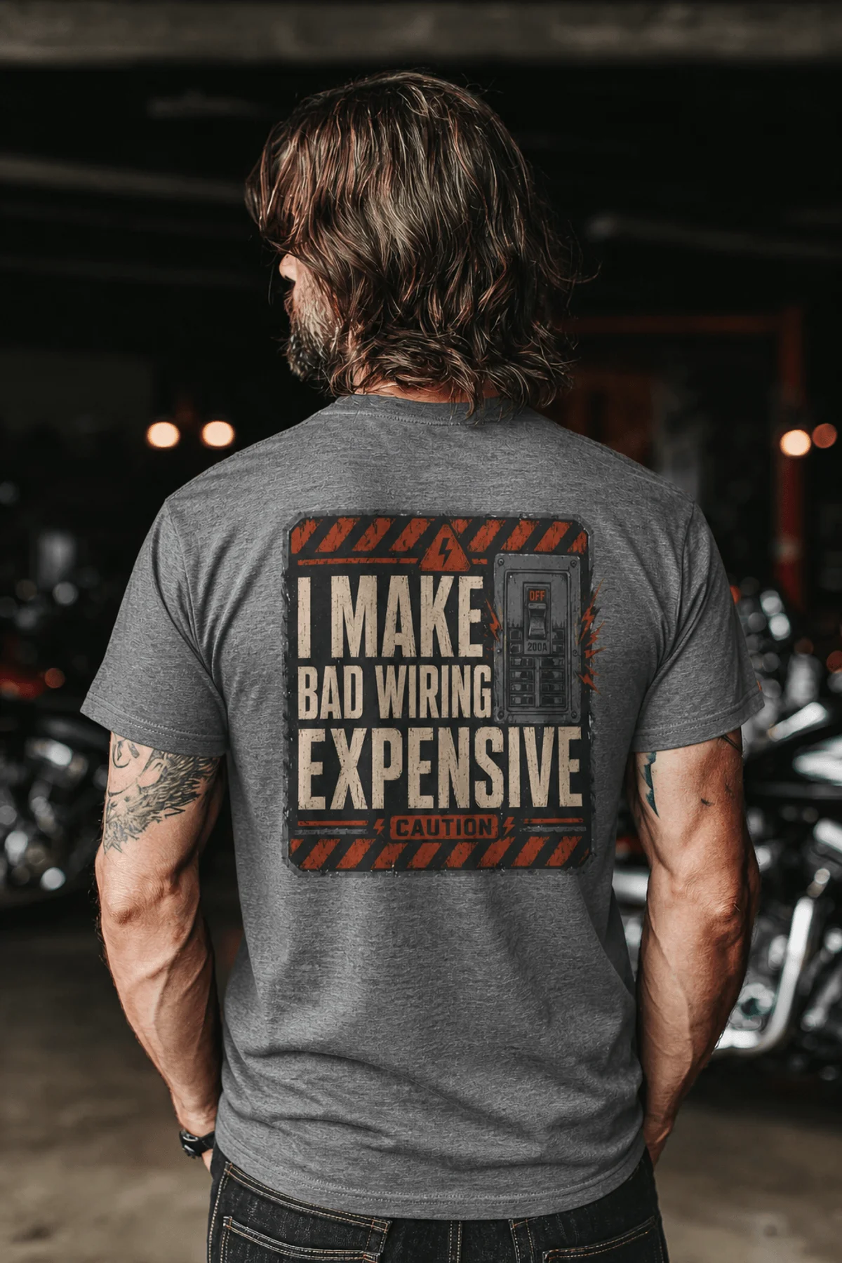 Funny Electrician Tech Tee - Back "I Make Bad Wiring Expensive" — Front "Wired For Success" Vintage Work Tee — deep-heather — Model Funny Electrician Tech Tee - Back "I Make Bad Wiring Expensive" — Front "Wired For Success" Vintage Work Tee — deep-heather t-shirt, model photo | Pressure Tested Co