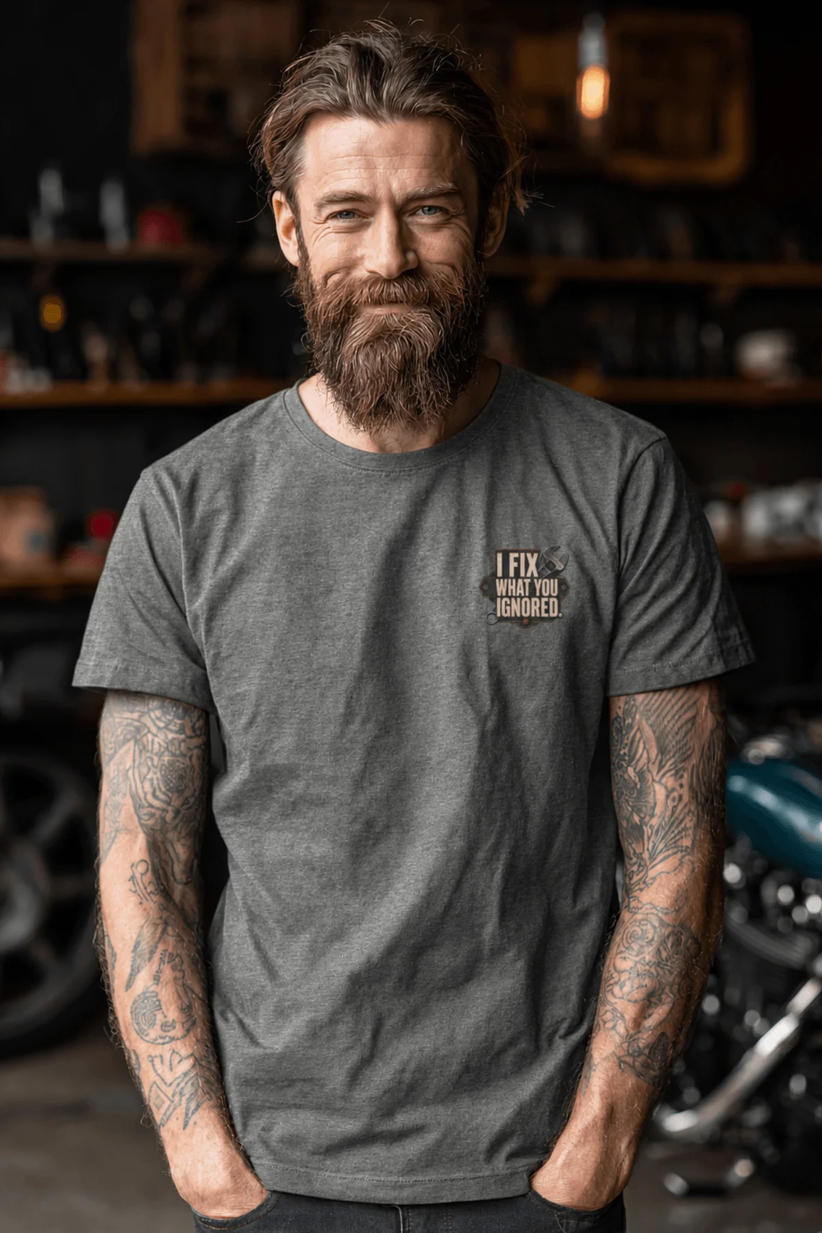 I Fix What You Ignored T-Shirt — Mechanic Wrench Tool Shirt for Technicians & DIYers — deep-heather — Model I Fix What You Ignored T-Shirt — Mechanic Wrench Tool Shirt for Technicians & DIYers — deep-heather t-shirt, model photo | Pressure Tested Co