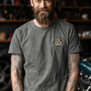 I Fix What You Ignored T-Shirt — Mechanic Wrench Tool Shirt for Technicians & DIYers — deep-heather t-shirt, model photo | Pressure Tested Co