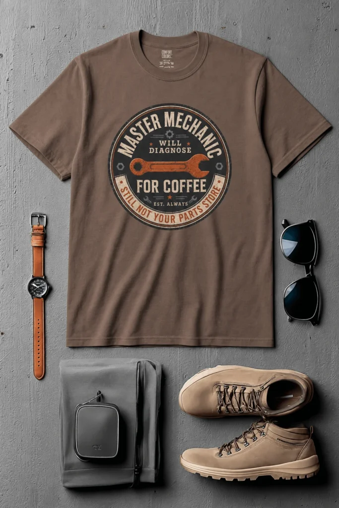 Mechanic T-Shirt — "Master Mechanic: Will Diagnose for Coffee" Retro Wrench Tee