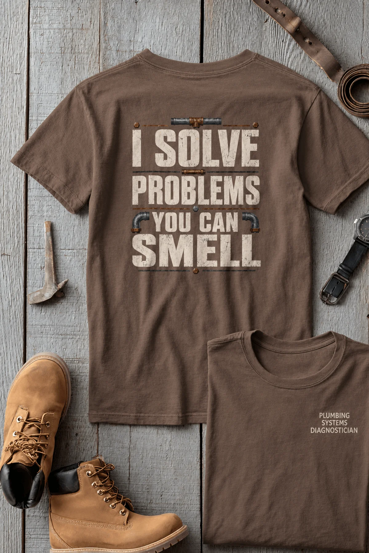 Funny Plumber Repair Graphic Tee "I Solve Problems You Can Smell" Back - "Plumbing Systems Diagnostician" Front — espresso — Flat-lay Funny Plumber Repair Graphic Tee "I Solve Problems You Can Smell" Back - "Plumbing Systems Diagnostician" Front — espresso t-shirt, flat-lay product photo | Pressure Tested Co