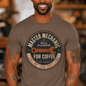 Mechanic T-Shirt — "Master Mechanic: Will Diagnose for Coffee" Retro Wrench Tee - Image 10