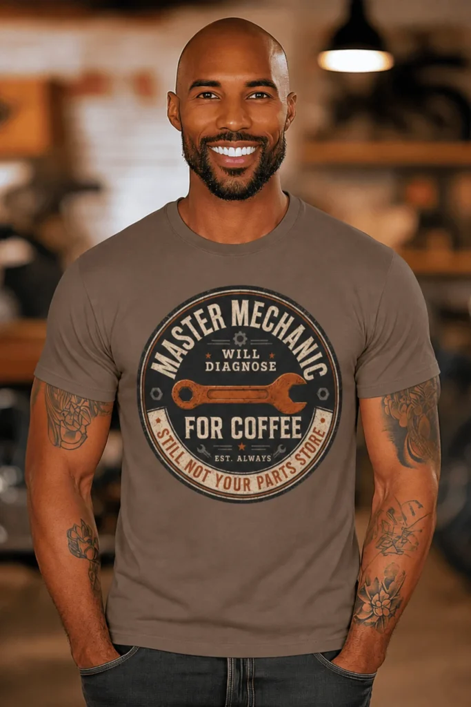 Mechanic T-Shirt — "Master Mechanic: Will Diagnose for Coffee" Retro Wrench Tee