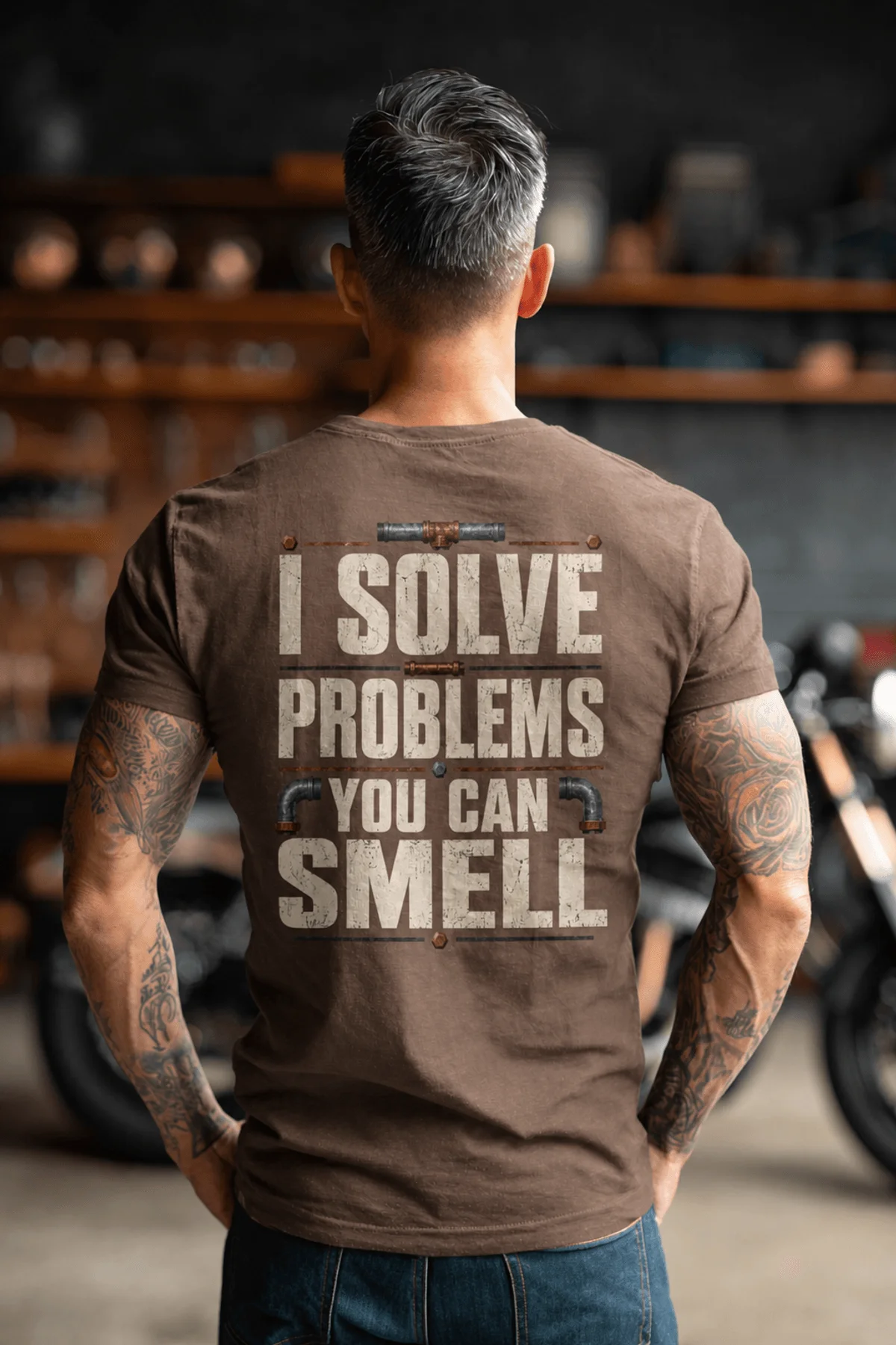 Funny Plumber Repair Graphic Tee "I Solve Problems You Can Smell" Back - "Plumbing Systems Diagnostician" Front — espresso — Model Funny Plumber Repair Graphic Tee "I Solve Problems You Can Smell" Back - "Plumbing Systems Diagnostician" Front — espresso t-shirt, model photo | Pressure Tested Co