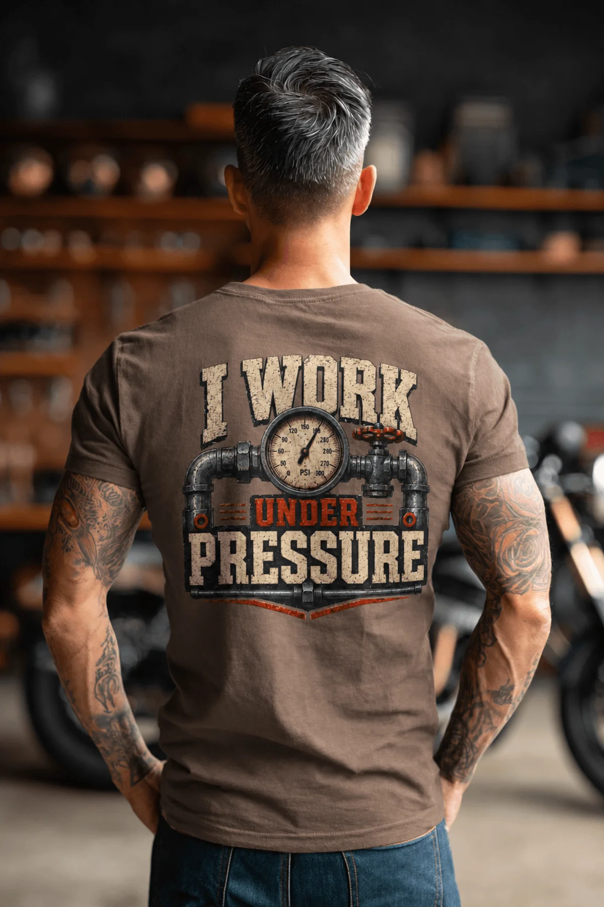 Funny Plumber Repair Graphic Tee "I Work Under Pressure" Back - "Plumbing Systems Diagnostician" Front — espresso t-shirt, model photo | Pressure Tested Co