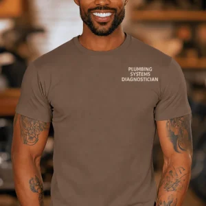 Funny Plumber Repair Graphic Tee "I Work Under Pressure" Back - "Plumbing Systems Diagnostician" Front — espresso t-shirt, model photo | Pressure Tested Co