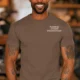 Funny Plumber Repair Graphic Tee "I Work Under Pressure" Back - "Plumbing Systems Diagnostician" Front — espresso t-shirt, model photo | Pressure Tested Co