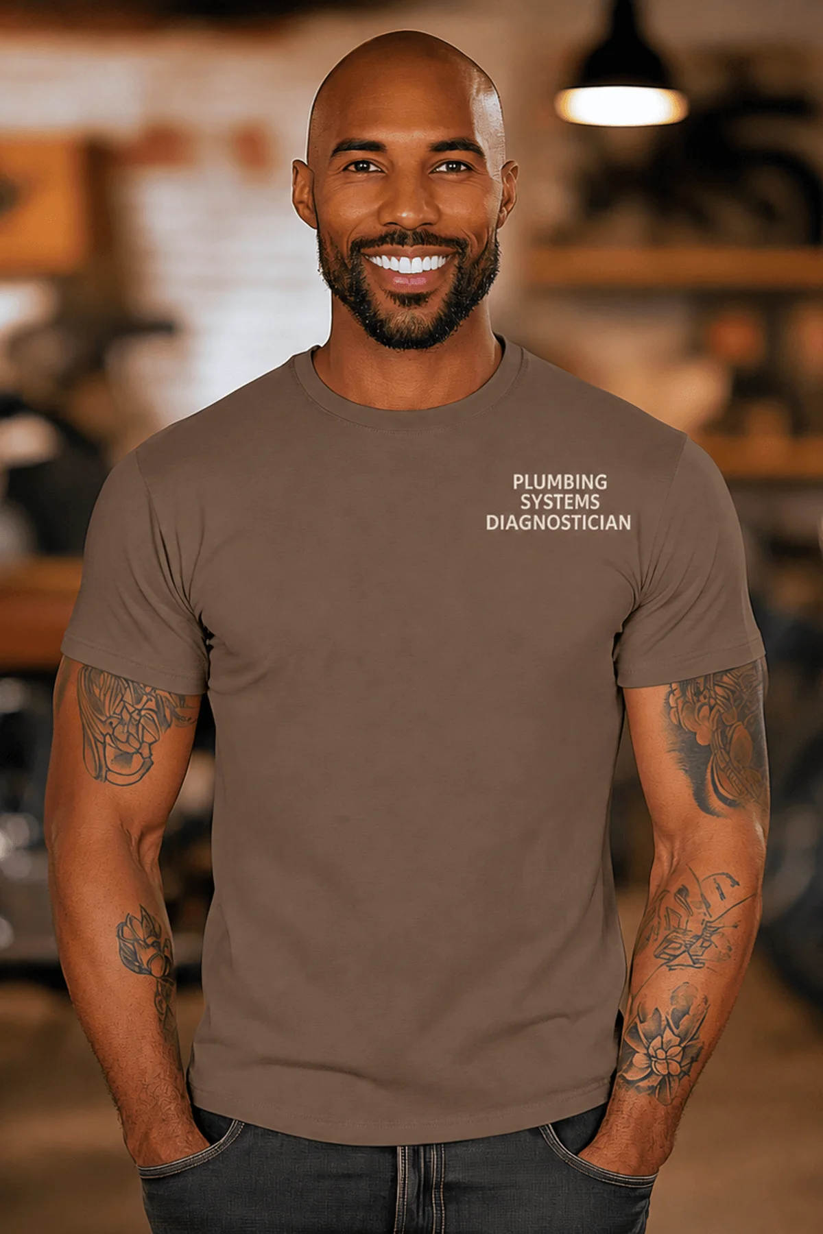 Funny Plumber Repair Graphic Tee "I Work Under Pressure" Back - "Plumbing Systems Diagnostician" Front — espresso t-shirt, model photo | Pressure Tested Co