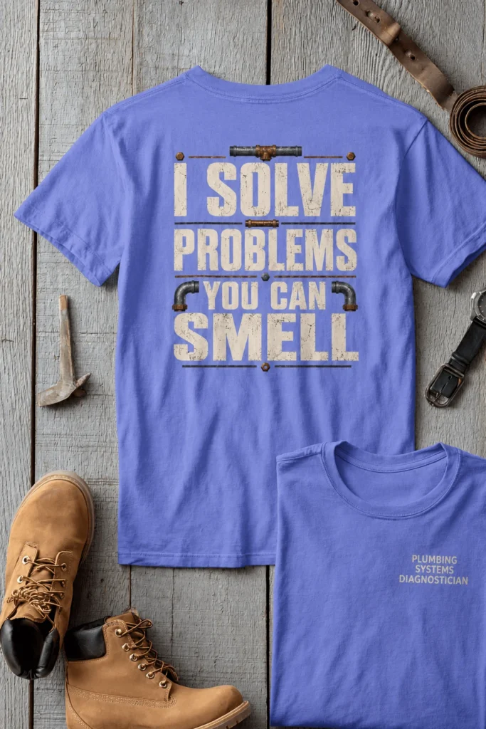 Funny Plumber Repair Graphic Tee "I Solve Problems You Can Smell" Back - "Plumbing Systems Diagnostician" Front — flo-blue t-shirt, flat-lay product photo | Pressure Tested Co