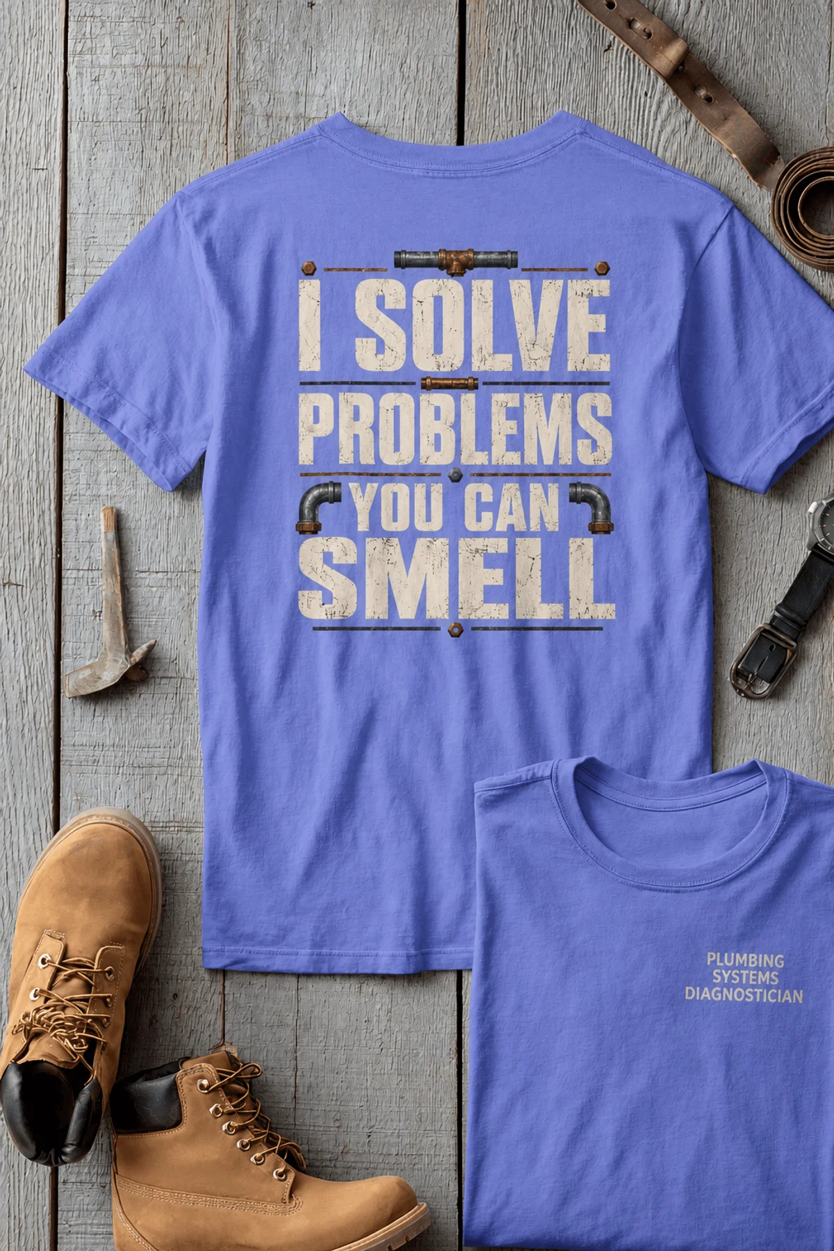 Funny Plumber Repair Graphic Tee "I Solve Problems You Can Smell" Back - "Plumbing Systems Diagnostician" Front — flo-blue — Flat-lay Funny Plumber Repair Graphic Tee "I Solve Problems You Can Smell" Back - "Plumbing Systems Diagnostician" Front — flo-blue t-shirt, flat-lay product photo | Pressure Tested Co