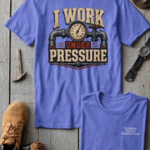 Funny Plumber Repair Graphic Tee "I Work Under Pressure" Back - "Plumbing Systems Diagnostician" Front — flo-blue t-shirt, flat-lay product photo | Pressure Tested Co