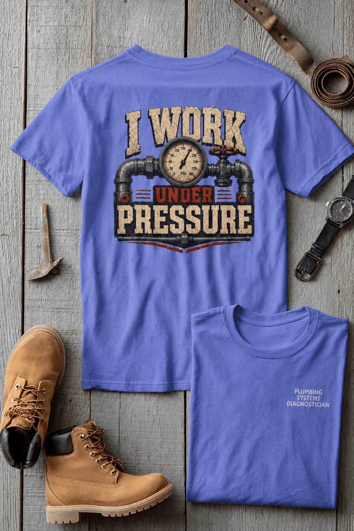 Funny Plumber Repair Graphic Tee "I Work Under Pressure" Back - "Plumbing Systems Diagnostician" Front — flo-blue t-shirt, flat-lay product photo | Pressure Tested Co