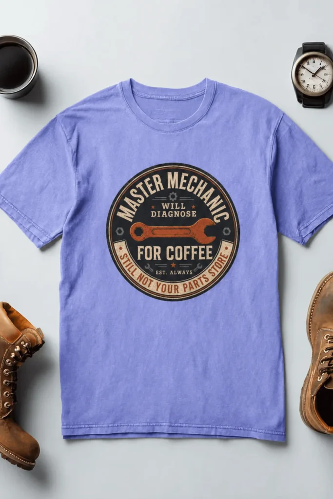 Mechanic T-Shirt — "Master Mechanic: Will Diagnose for Coffee" Retro Wrench Tee