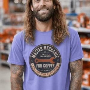 Mechanic T-Shirt — "Master Mechanic: Will Diagnose for Coffee" Retro Wrench Tee